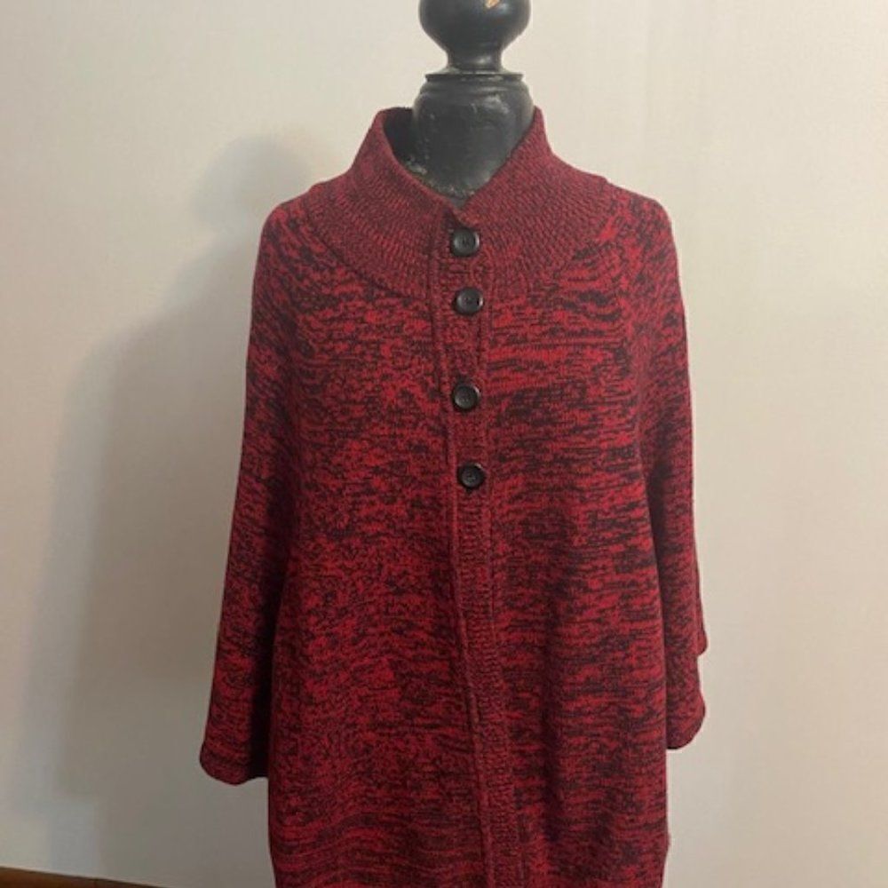 Kim Rogers Black/Red Partial button front wrap cape, size XL